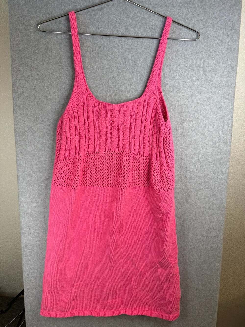 Zara Pink Crochet Knit Mini Square Neck Dress Size L